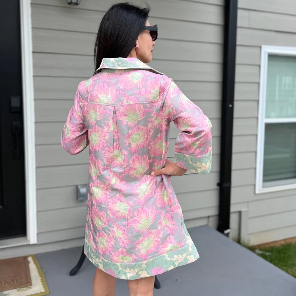NWT Abbey Glass Piper Jacquard Floral Print V-Neck 34 Sleeve Caftan Mini Dress - Picture 6 of 15
